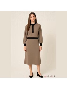 Eaton Vintage 100% Wool Medium Taupe Two Piece Set Skirt Long Sleeve Sweater